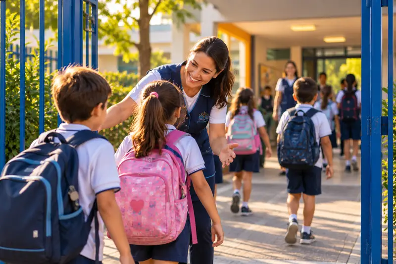 Funcionária da escola recebendo os alunos no portão